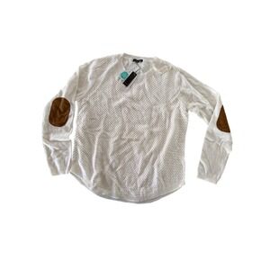 Lety & Me Ivory Textured Knit Sweater Brown Elbow Patches Crew Neck Large NWT